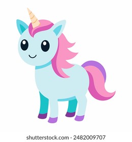 A cute unicorn with pink mane and tail on white background