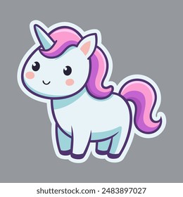 A cute unicorn with pink mane and tail stands on a gray background