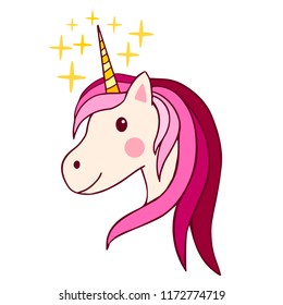 Cute unicorn with pink mane vector illustration. Simple flat line doodle icon contemporary style design element isolated on white. Magical creatures, fantasy, dreams theme.