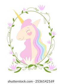 Lindo unicornio con Ilustración vectorial de melena rosa. linda cabeza de unicornio aislado icono en marco ovalado de plantas y flores. Icono de doodle de línea plana simple aislado en blanco. Criaturas mágicas