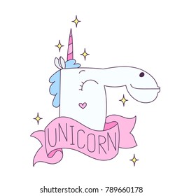 Cute unicorn with pink ribbon on a white background. It can be used for sticker, badge, card, patch, phone case, poster, t-shirt, mug etc.