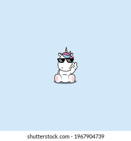 Cute unicorn with pixel glasses sitting and doing victory sign, vector illustration