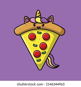 Cute Unicorn Pizza Cartoon Vector Icon Illustration. Animal Food Icon Concept Isolated Premium Vector.