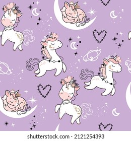 Cute unicorn and planets in trend color 2022 in boho style seamless pattern. Vector cartoon illustration. Nursery, greeting card, poster, baby shower