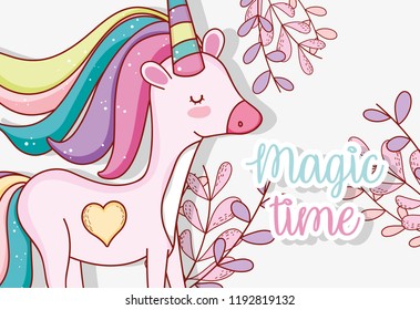 cute unicorn with plants leaves and heart