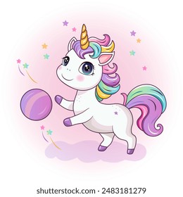 A cute unicorn is playing with a ball. A hand-drawn pony with a golden horn. The magic horse. It can be used for printing, textiles, web design. Vector illustration