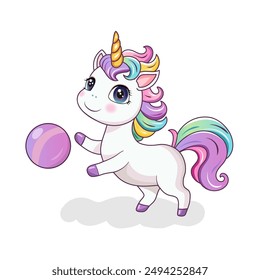 A cute unicorn is playing with a ball. A hand-drawn pony with a golden horn. The magic horse. It can be used for printing, textiles, web design. Vector illustration
