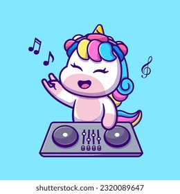 Cute Unicorn Playing Dj Electronic Music Cartoon Vector Icon Illustration. Animal Music Icon Concept Isolated Premium Vector. Flat Cartoon Style