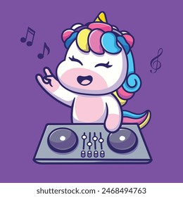 Lindo Unicornio Jugando Música Electrónica Dj Con Auriculares Ilustración De Vector De Dibujos Animados. Concepto aislado de la música animal del Vector de Premium. Estilo plano de dibujos animados