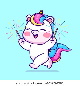 Cute Unicorn Playing Fireworks Cartoon Vector Icon Illustration. Animal Holiday Icon Concept Isolated Premium Vector. Flat Cartoon Style