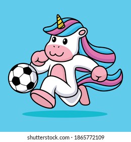 Ilustración del vector de dibujos animados de fútbol de Cute Unicornio. Concepto de icono animal con fondo azul.