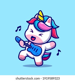 Cute Unicorn Playing Guitar Cartoon Vector Icon Illustration. Animal Music Icon Concept Isolated Premium Vector. Flat Cartoon Style