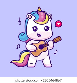 Cute Unicorn Playing Guitar Cartoon Vector Icon Illustration. Animal Music Icon Concept Isolated Premium Vector. Flat Cartoon Style