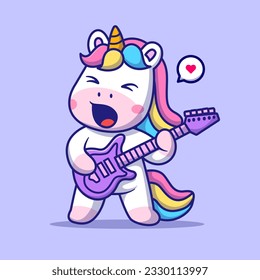 Cute Unicorn Playing Guitar Cartoon Vector Icon Illustration. Animal Music Icon Concept Isolated Premium Vector. Flat Cartoon Style