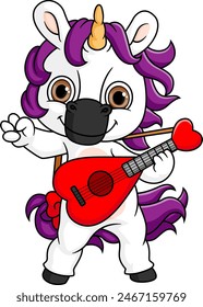 Cute Unicorn Playing Guitar Cartoon Vector Icon of illustration