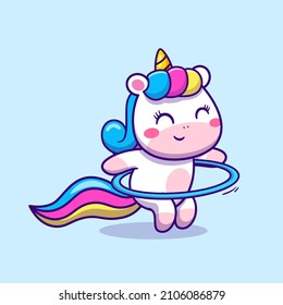 Cute Unicorn Playing Hula Hoop Cartoon Vector Icon Illustration. Animal Sport Icon Concept Isolated Premium Vector. Flat Cartoon Style