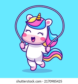 Cute Unicorn Playing Jump Rope Cartoon Vector Icon Illustration. Animal Sports Icon Concept Isolated Premium Vector. Flat Cartoon Style