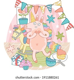 Cute unicorn is playing. Magic cartoon creature. Rocking horse. Holiday sweets: cake, cupcakes. Garland - flags. Children's illustration. Isolated vector objects on a white background.