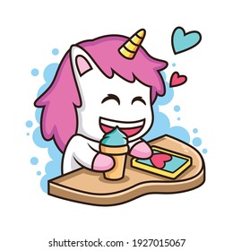 Cute Unicorn Playing Phone with Ice Cream. Animal Vector Icon Illustration, Isolated on White Background