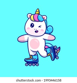 Cute Unicorn Playing Roller Skate Cartoon Vector Icon Illustration. Animal Sport Icon Concept Isolated Premium Vector. Flat Cartoon Style