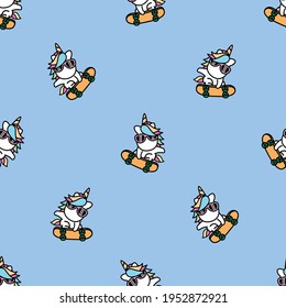 Cute unicorn playing skateboard cartoon seamless pattern, vector illustration