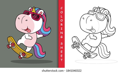 Cute unicorn playing skateboard. Coloring sheet.