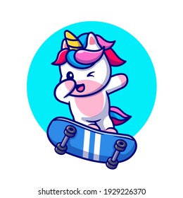 Cute Unicorn Playing Skateboard And Dabbing Cartoon Vector Icon Illustration. Animal Sport Icon Concept Isolated Premium Vector. Flat Cartoon Style