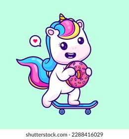 Cute Unicorn Playing Skateboard With Donut Cartoon Vector Icon Illustration. Animal Sport Icon Concept Isolated Premium Vector. Flat Cartoon Style