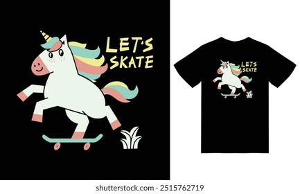 Cute unicorn playing skateboard illustration with tshirt design premium vector the Concept of Isolated Technology. Flat Cartoon Style Suitable for Landing Web Pages,T shirt, Flyers, Stickers