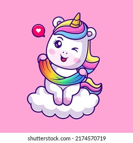 Cute Unicorn Playing Slime Rainbow On Cloud Cartoon Vector Icon Illustration. Animal Nature Icon Concept Isolated Premium Vector. Flat Cartoon Style