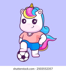 Cute Unicorn Playing Soccer Cartoon Vector Icon Illustration. Animal Sport Icon Concept Isolated Premium Vector. Flat Cartoon Style