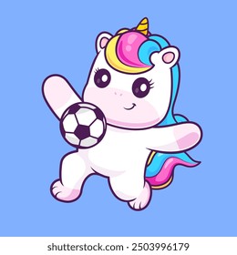 Cute Unicorn Playing Soccer Cartoon Vector Icon Illustration. Animal Sport Icon Concept Isolated Premium Vector. Flat Cartoon Style