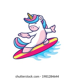 Cute Unicorn Playing Surfing with Cute Pose. Animal Vector Icon Illustration, Isolated on Premium Vector