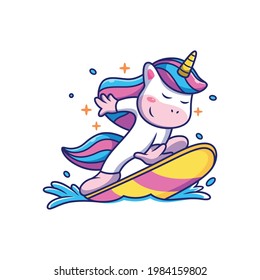 Cute Unicorn Playing Surfing with Cute Pose. Animal Vector Icon Illustration, Isolated on Premium Vector