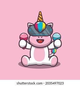 Cute unicorn playing a virtual reality game. Cute animal cartoon illustrations. Vector isolated flat illustration for poster, brochure, web, mascot, sticker, logo and icon.