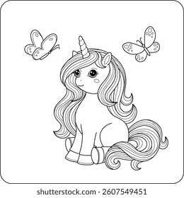 Cute unicorn pony with butterflies. Childish coloring book with animal. Simple vector sketch illustration.