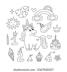 Cute unicorn, pony, cartoon birthday attributes. Children's holiday, magic doodles. Hand drawn drawing set. Vector illustration. Sweets, candles, cap, crown, numbers. Badges and line icons. 