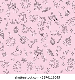 Cute unicorn, pony, cartoon birthday attributes. Pattern Children's holiday, magic doodles. Hand drawn princess drawing set. Vector illustration. Sweets, candles, cap, crown, numbers. 