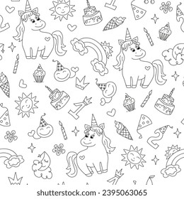 Cute unicorn, pony, cartoon birthday attributes. Pattern Hand drawn princess drawing set. Vector illustration. Sweets, candles, cap, crown, numbers. 
 Badges Children's holiday, magic doodles.