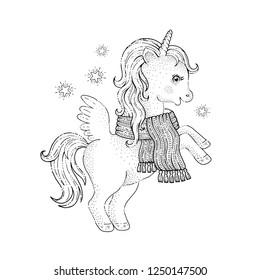 Cute unicorn pony, cartoon horse icon. Magic animal in winter scarf for baby t-shirt print, apparel textile, holiday poster. Hand drawn fairy illustration isolated on white background. Black line art.