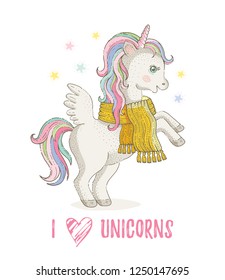 Cute unicorn pony, cartoon horse icon. Magic animal in winter scarf for baby t-shirt print, apparel textile, holiday poster. Hand drawn fairy illustration isolated on white background