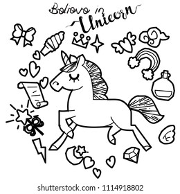 Cute unicorn and pony collection with magic items, rainbow, fairy wings, crystals, clouds, potion. Hand drawn line style. Vector doodles illustrations.
