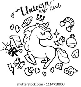 Cute unicorn and pony collection with magic items, rainbow, fairy wings, crystals, clouds, potion. Hand drawn line style. Vector doodles illustrations.
