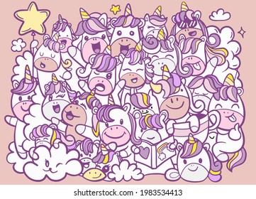 Cute unicorn and pony collection with magic items, Hand drawn line style. Vector doodles illustrations.