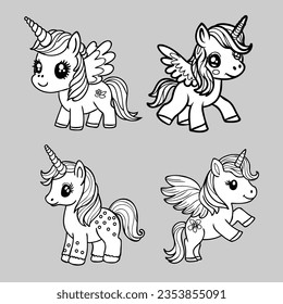 Cute unicorn and pony collection with magic items, rainbow, fairy