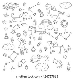 Cute Unicorn And Pony Collection With Magic Items, Rainbow, Fairy Wings, Crystals, Clouds, Potion. Hand Drawn Line Style. Vector Doodles Illustrations.