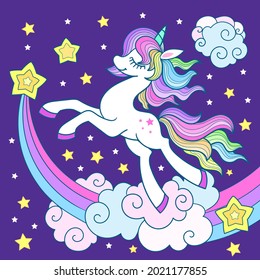 A cute unicorn pony jumps with the stars across the sky. Cartoon fantastic animal. For children's design of prints, posters, postcards, stickers, banners, etc. Vector