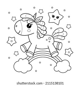 Cute unicorn, pony. Linear black and white drawing. For children's design of coloring books, prints, posters, stickers, postcards and so on. Vector