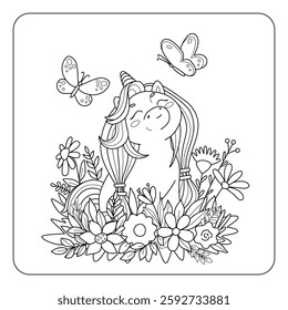 Cute unicorn pony looks up at butterflies. Childish coloring book with animals, flowers, plants. Simple vector sketch illustration.