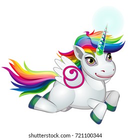 Cute unicorn pony with mane colors of the rainbow happily galloping isolated on white background. As a symbol of tolerance. Vector cartoon close-up illustration.